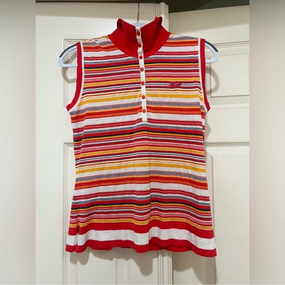 Women Sz 8  Rainbow High neck Stretch Soft Y2K Pull Over Golf Top Sporty Artisan - Picture 2 of 8